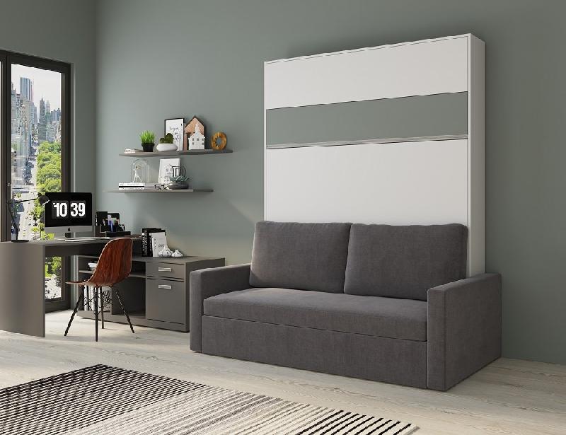 Armoire lit escamotable DJUKE SOFA - Blanc mat avec bandeau gris - Canapé gris intégré 160x200 cm_1