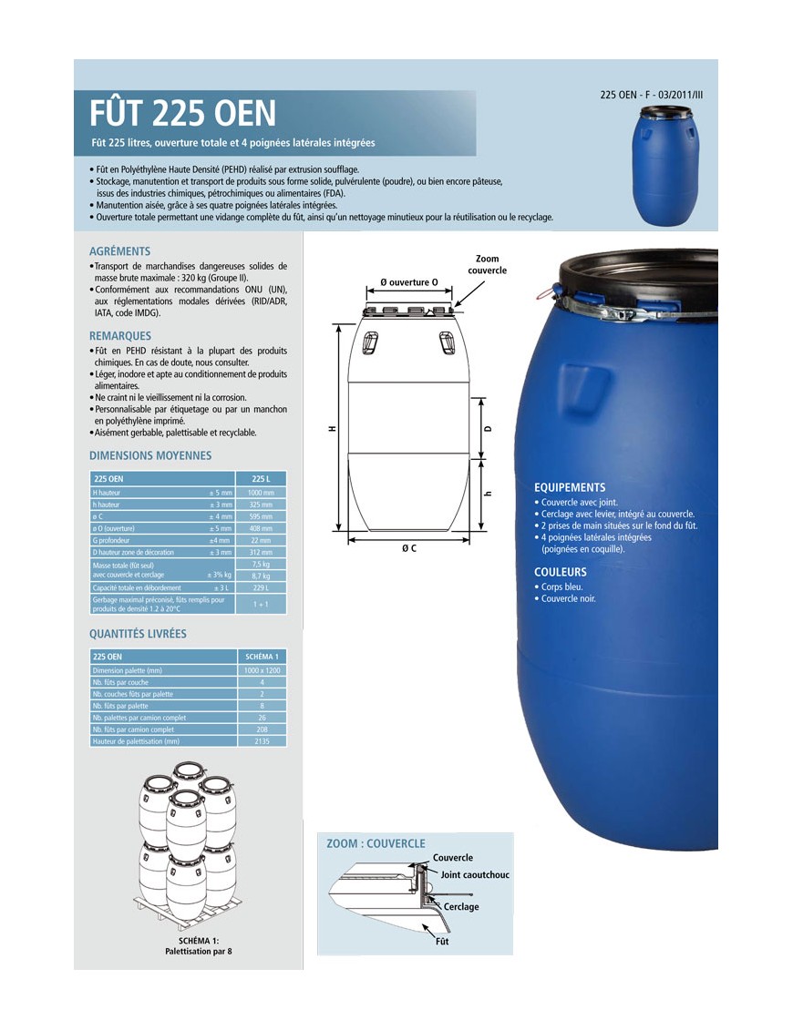 Fût à ouverture totale en PEHD - bleu - 225 L - homologation ONU Y19 pour matières dangereuses solides - référence B225BL_1