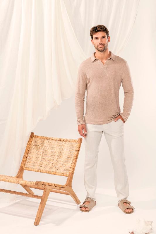 Polo manches longues en lin homme - Réf: NS202 - Coupe ajustée - Native Spirit - 100% lin_1