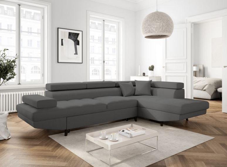 Canapé d'angle méridienne droite RINO convertible avec coffre - tissu gris graphite - pieds laqués noir - 3 têtières réglables_1