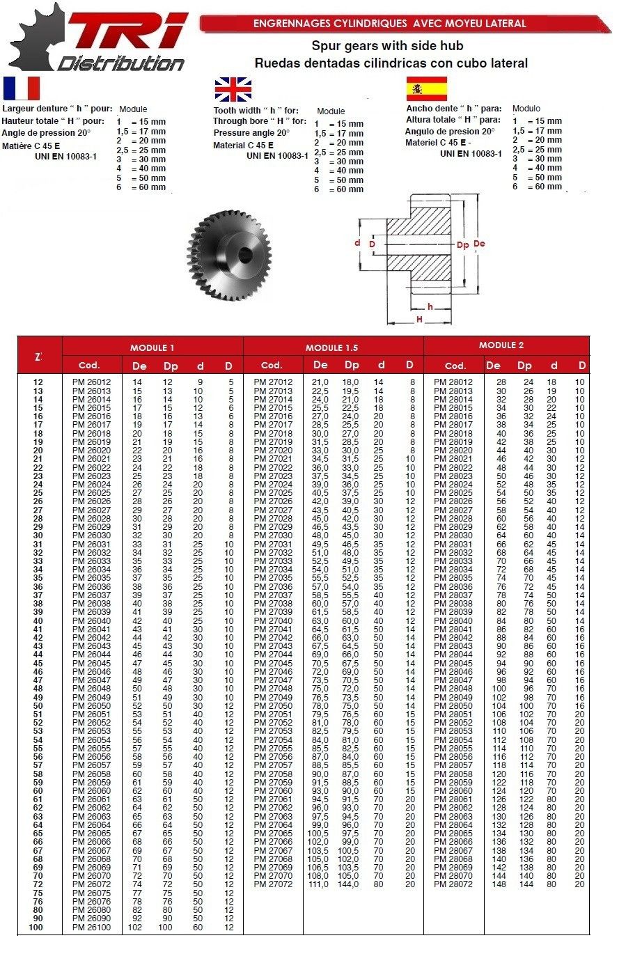 Engrenage à moyeu module 2 - t.R.I. - denture traitée - 12 à 60 dents_1