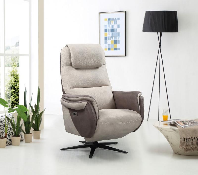 Fauteuil relax électrique ZILIA - bi-moteur - microfibre mastic/brun taupé - piètement étoile métal noir pivotant_1