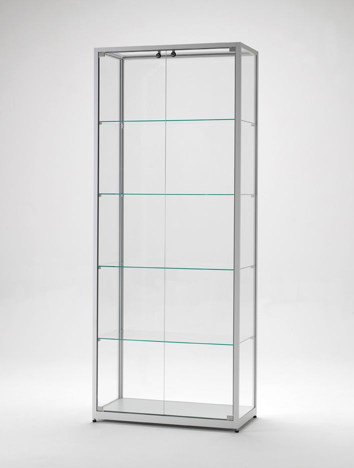 Vitrine l 80 cm aluminium argent top en verre et portes battantes avec serrure_0