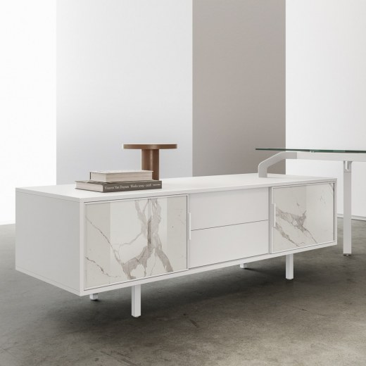 Bureau de direction en verre YOGA - Plateau extraclair, meuble de rangement SLIDE - Référence 4933 FR101_1