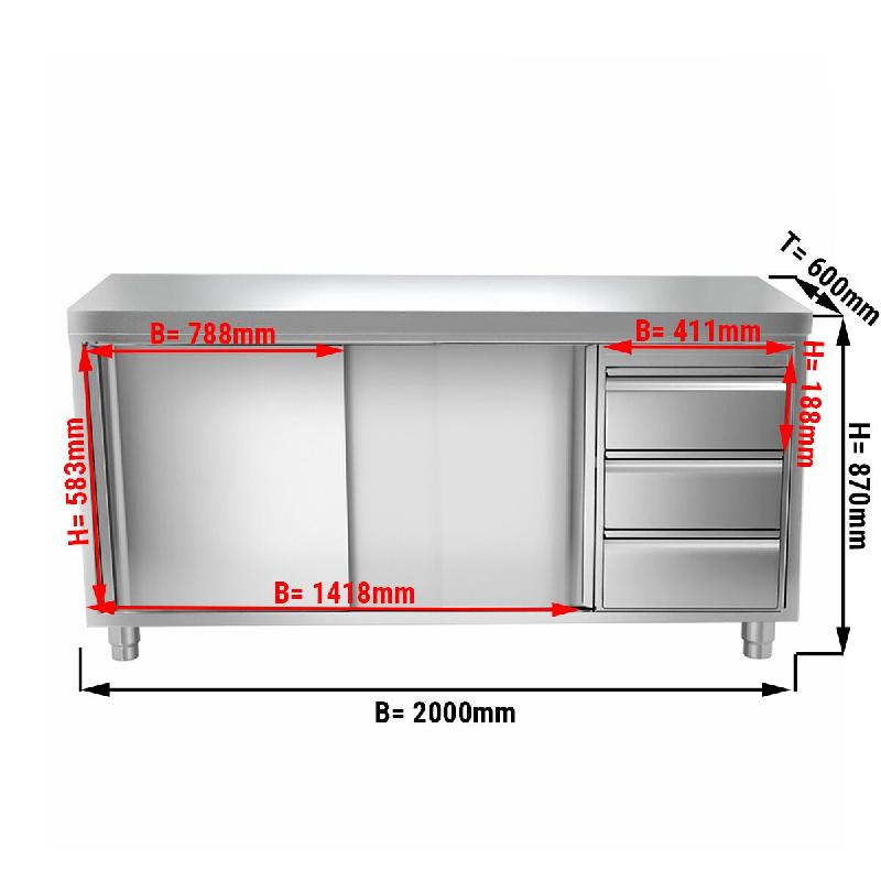 Meuble bas inox cental P 600 mm avec portes et tiroirs - 2000, A gauche_1