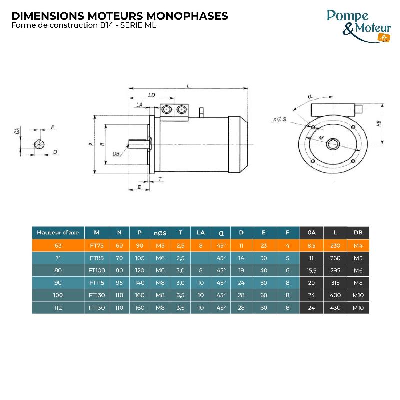 Moteur électrique monophasé CEMER 220V - 0,25 kW - 3000 tr/min - Double condensateur - Bride B14_1