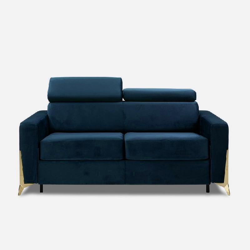 Canapé convertible express Odacio - sommier à lattes 140 cm, têtières réglables, matelas 16 cm, pieds dorés, velours bleu nuit_1