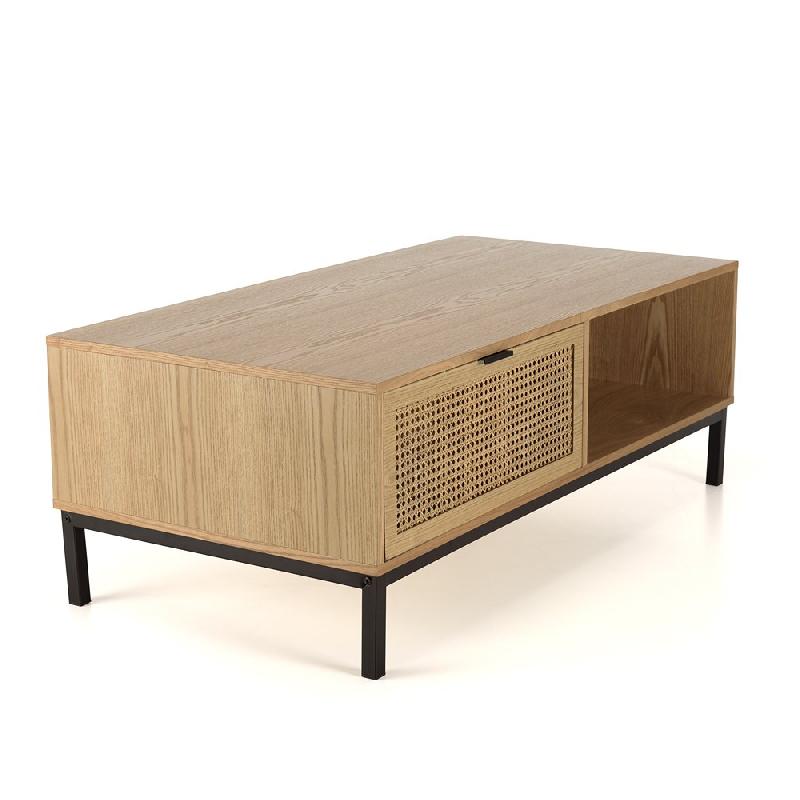 Table basse MARCI - 1 niche, 2 tiroirs avec cannage naturel et structure métal noir_1
