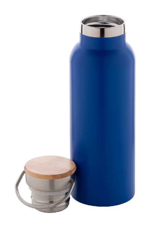 Thermos en inox à double paroi - 500 ml - Couvercle en bambou et accroche en métal - Couleur bleu_1