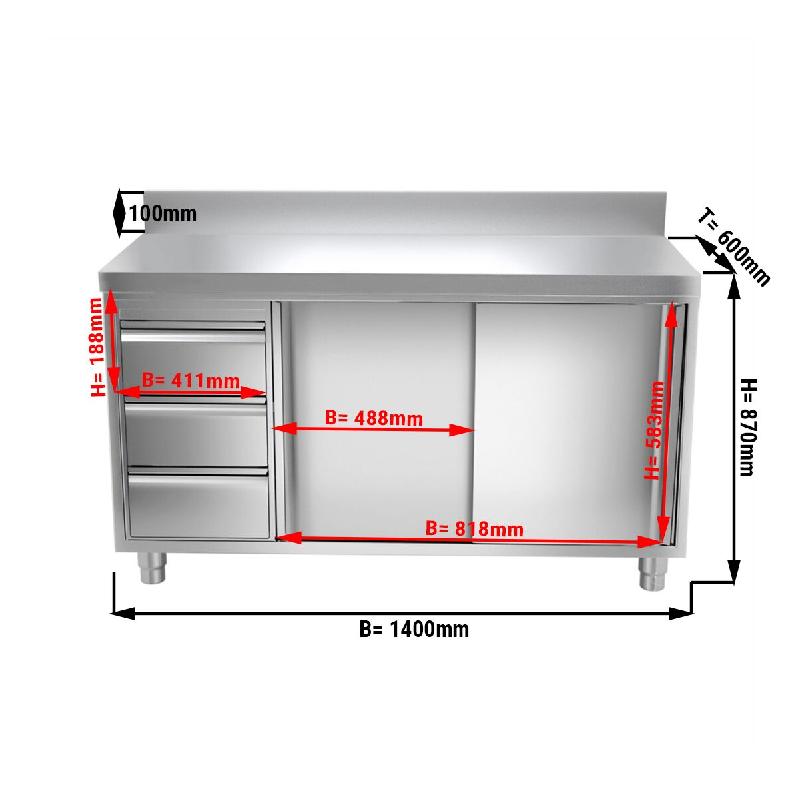 Meuble bas inox adossé P 600 mm avec portes et tiroirs - 1400, A gauche_1