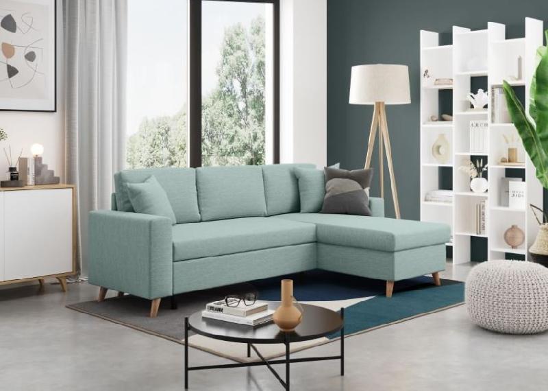 Canapé d'angle réversible convertible ARKO bleu clair avec méridienne réversible, coffre et coussins assortis_1