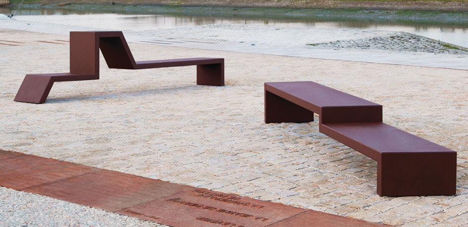 Banc public en bois moderne - EUDALD III par Comas-Pont Architectes - très grande taille, polyvalent, acier corten_1