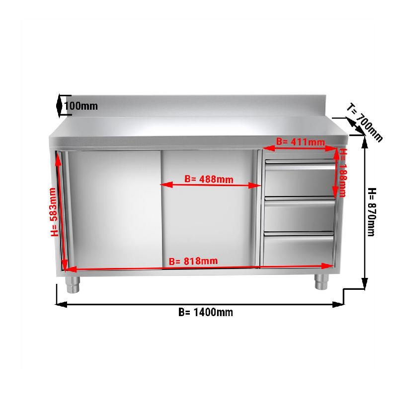 Meuble bas inox adossé P 700 mm avec portes et tiroirs - 1400, A droite_1