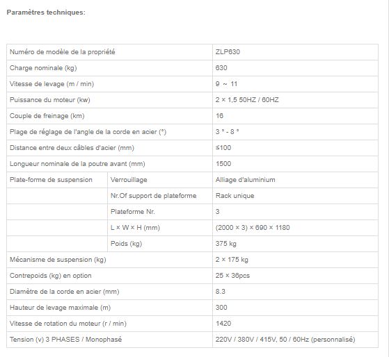 ZLP630 nacelle suspendue - Haoke - hauteur de levage 300 mètres maximum - capacité 630 kg - acier/aluminium_1