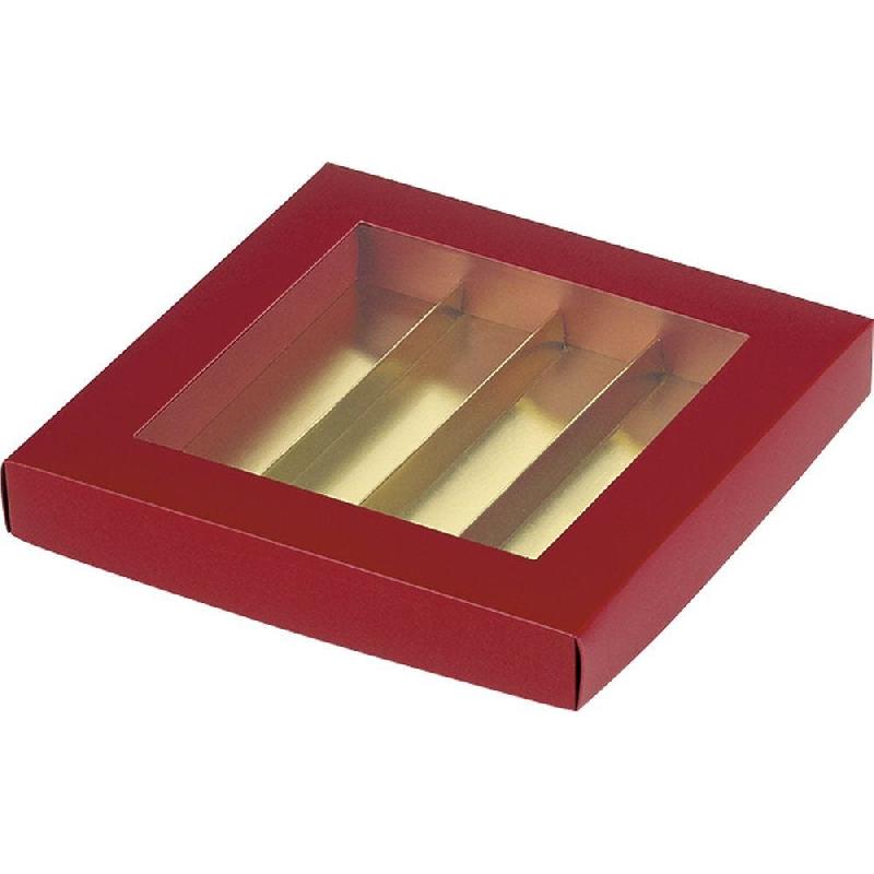 Coffret chocolats rouge intérieur or avec fenêtre 17.6x17.3x2.6 cm - par 12_1