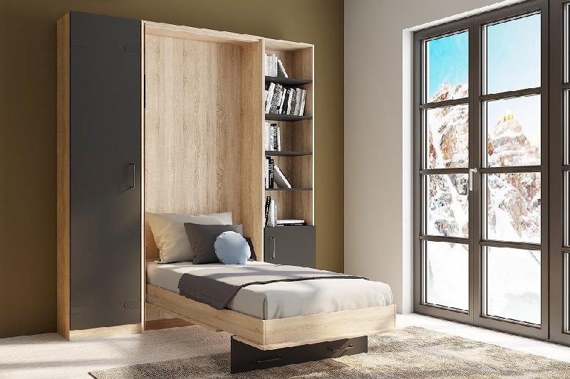 Composition lit escamotable style industriel KEY - bi-ton chêne noir mat 90x200 cm - L205 cm avec colonnes de rangement_1