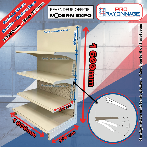 Gondole Murale Neuve à configurer - Hauteur 1600mm - Base 570mm - Modern Expo_1
