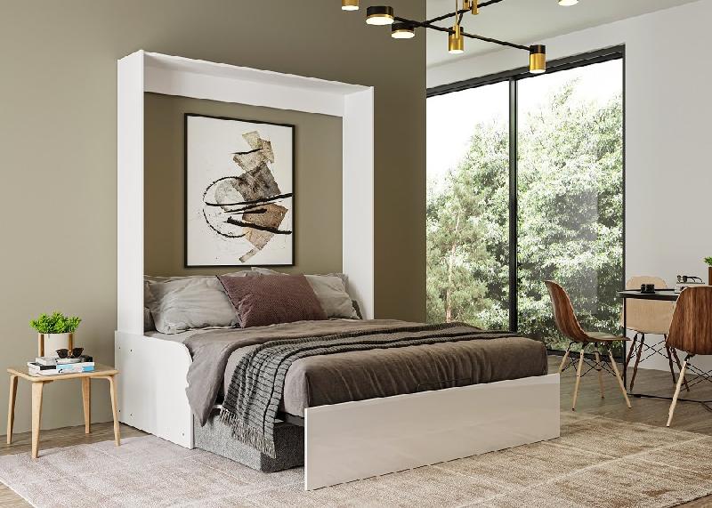 Armoire lit escamotable Dynamo Sofa - Façade blanc brillant effet miroir - Canapé gris - Couchage 140x200 cm avec accoudoirs_1