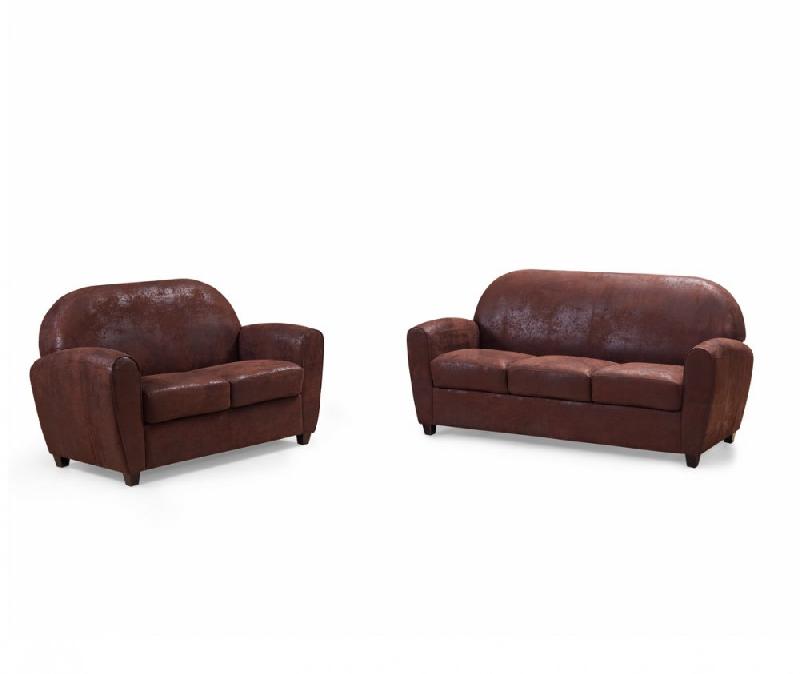 Salon Club Bufallo 2 places + 3 places - Canapés en microfibre vintage marron pour intérieur cosy_1