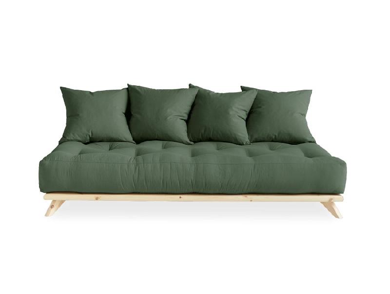 Canapé convertible futon Senza - pin naturel - coloris vert olive - couchage 90x200 cm - matelas épais 15 cm_1