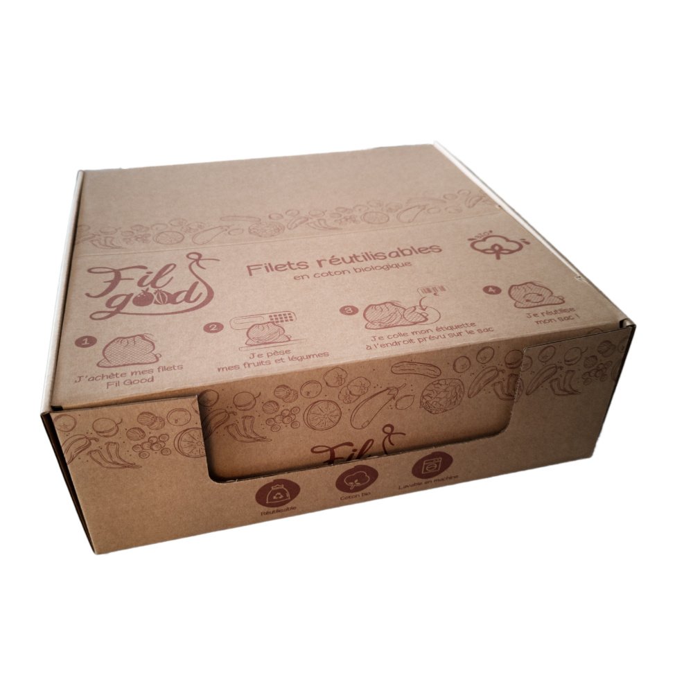 15 packs de 3 filets réutilisables en coton biologique - 35x35 cm - Boîte prête à vendre - Aptes au contact alimentaire_1