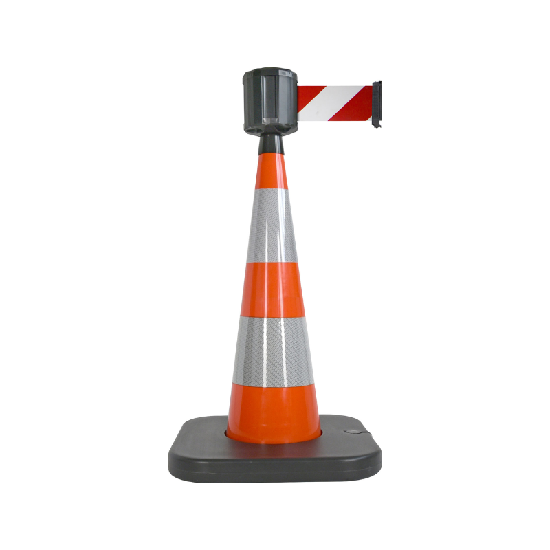 Cône de balisage avec base à lester et sangle enrouleur 100mm largeur - Orange / Rouge/Blanc / 1100_1