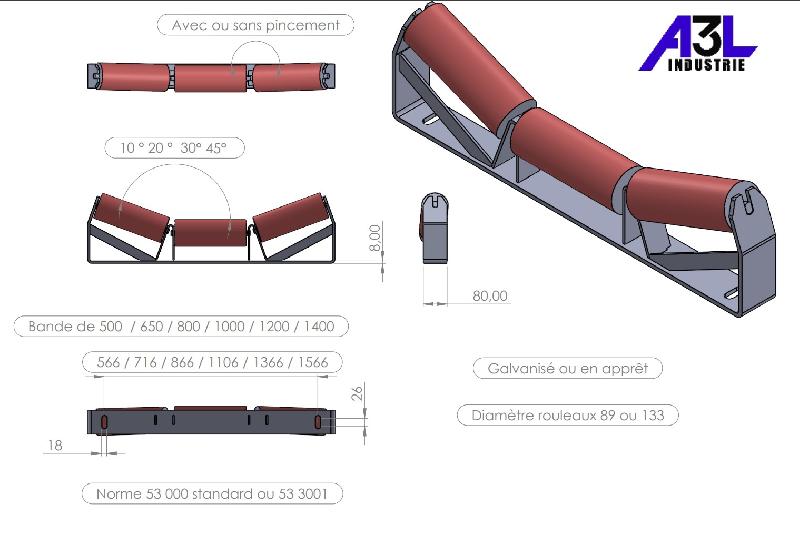 Support de rouleaux pour convoyeur à bande - 3 rouleaux inclinés - Plusieurs dimensions et finitions disponibles_1