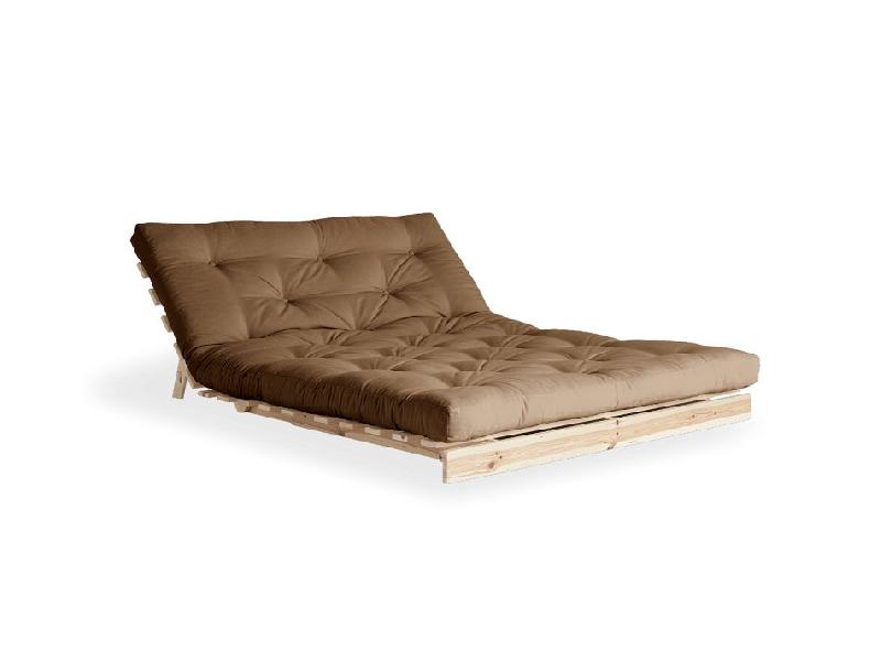Canapé convertible futon ROOTS - Pin naturel - Tissu Mocca - Couchage 160x200 cm - Design japonais et douceur scandinave_1