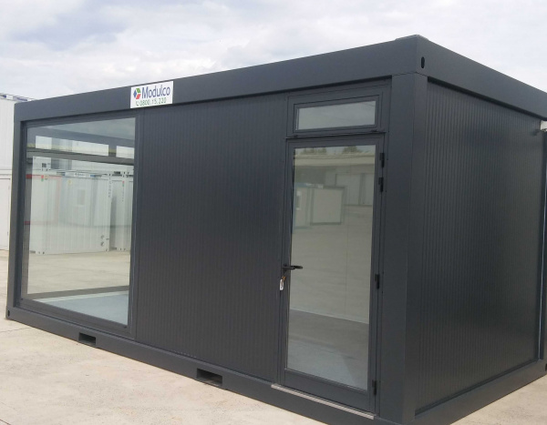 Conteneur pop up store vitré en angle gris - 600 x 300 cm (18 m²) - en kit avec panneaux sandwichs isolants_1