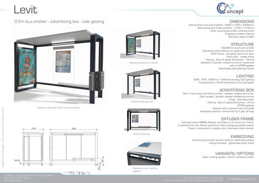 Abri bus Levit - structure en aluminium - bardage en verre sécurit - avec banquette - dimensions 350 x 154 cm_1