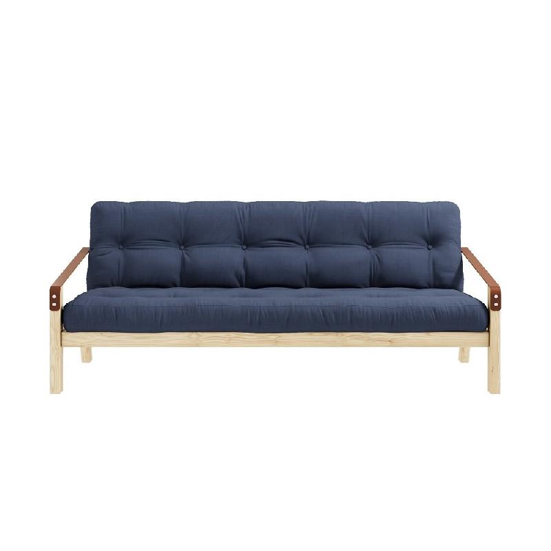 Banquette futon POETRY en pin massif - Coloris marine - Couchage 130 x 190 cm avec accoudoirs en cuir_1