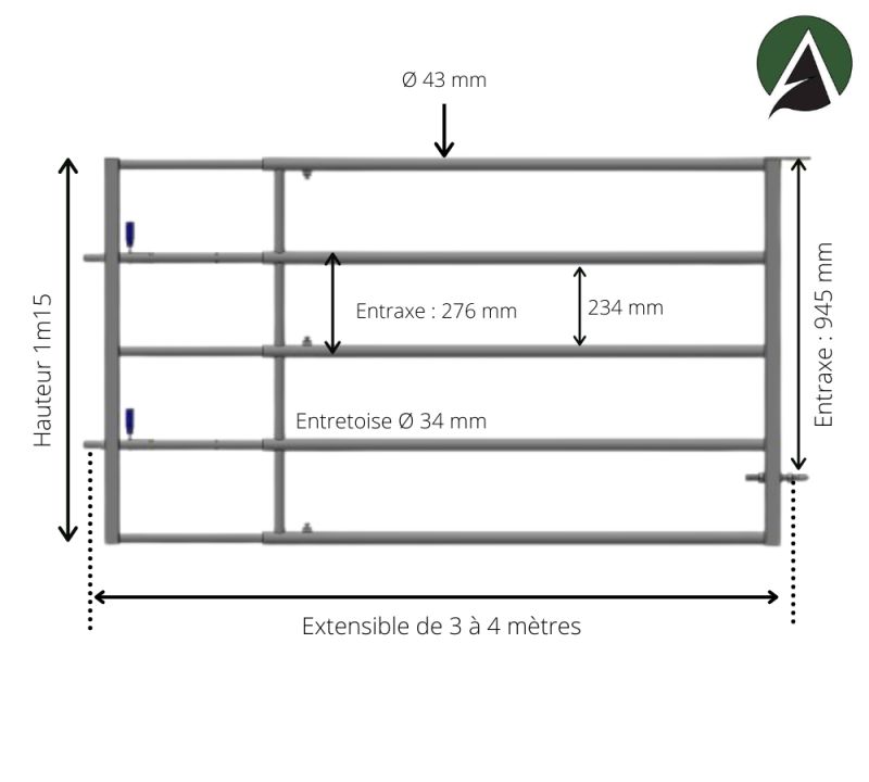 Bp34 - barriere prairie / porte pâturage galvanisee extensible de 3 à 4 mètres_1