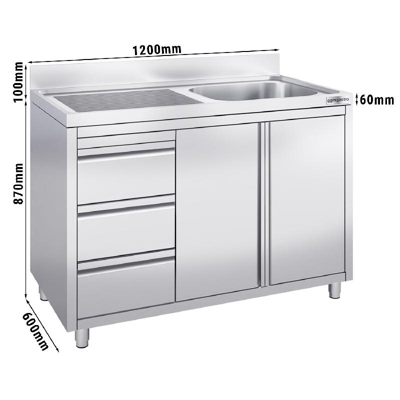 Plonge inox 1 bac à droite et égouttoir sur placard avec 3 tiroirs - 1200 x 600 mm_1