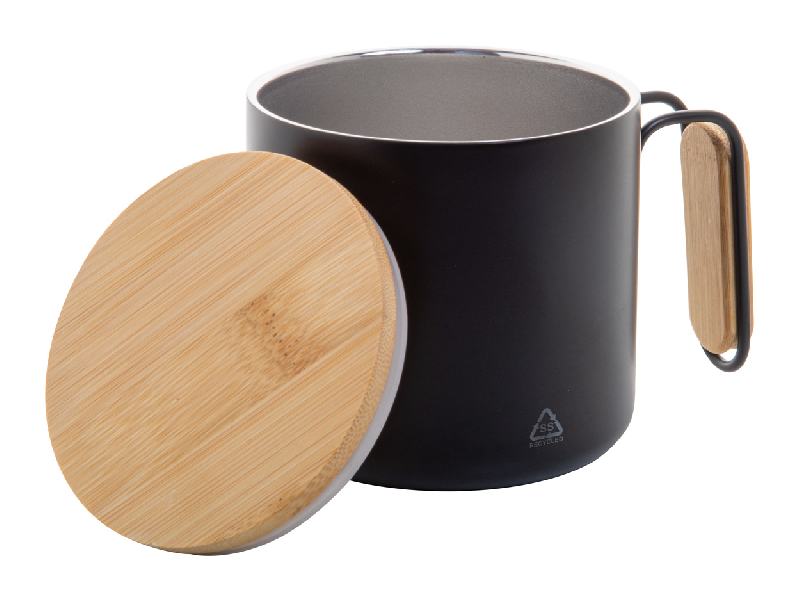 Mug thermos - double paroi en acier inoxydable recyclé - 300 ml avec couvercle et poignée en bambou_1