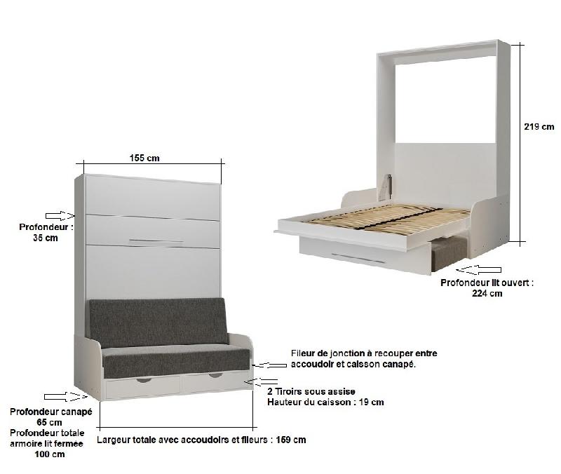 Armoire lit escamotable KOMPACT SOFA - Canapé avec accoudoirs et tiroirs - Blanc mat et tissu gris - Couchage 140x200 cm_1