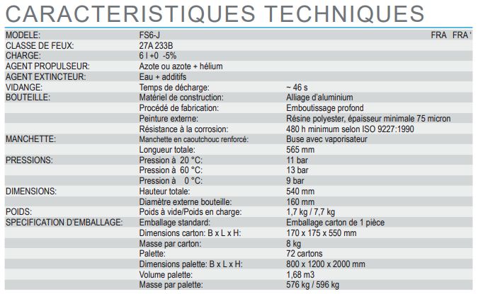 FS6-J - Extincteur pressurisé à eau additivée - Anaf - Corps en aluminium - Capacité 6 L - Certifié PED, MED et NF-EN3_1