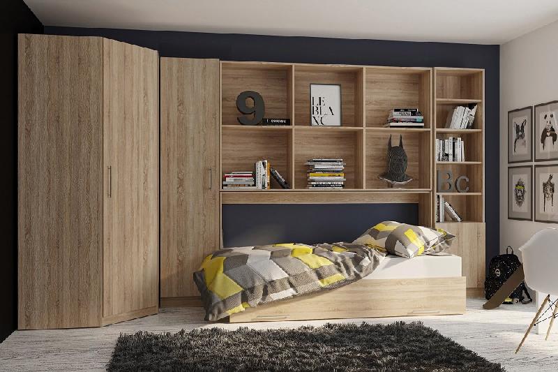 Composition angle lit escamotable Vertigo chêne naturel 411 x 100 cm - Couchage quotidien 90 x 200 cm avec rangements intégrés_1