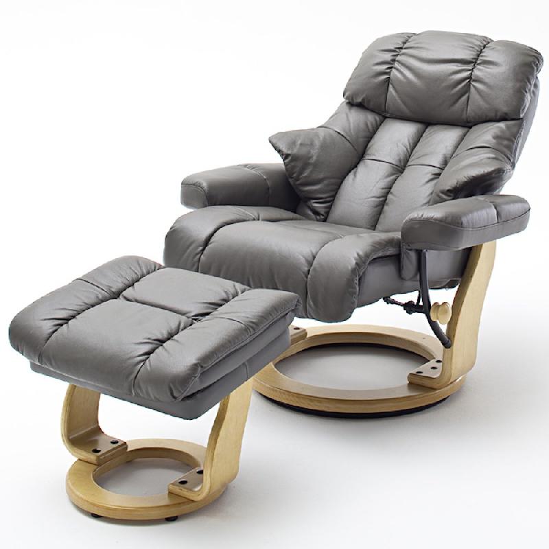 Fauteuil relax Clairac XL - assise en cuir marron nougat, pied en bois naturel avec repose-pied, inclinable 135° et rotation 360°_1