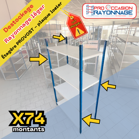 Lot rayonnage léger - niveau en plaque Lozier - 74 montants + 70 niveaux - Provost_1