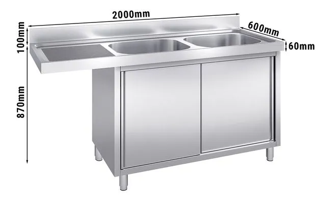 Plonge avec passage lave-vaisselle 200 x 60cm et placard - 2 cuves à droite l50 x p40 x h25 cm_1