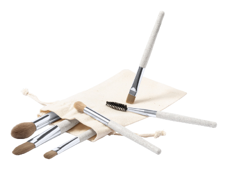 Ensemble de 6 pinceaux de maquillage - Paille de blé écologique et plastique PP - Pochette en coton avec cordon de serrage_1