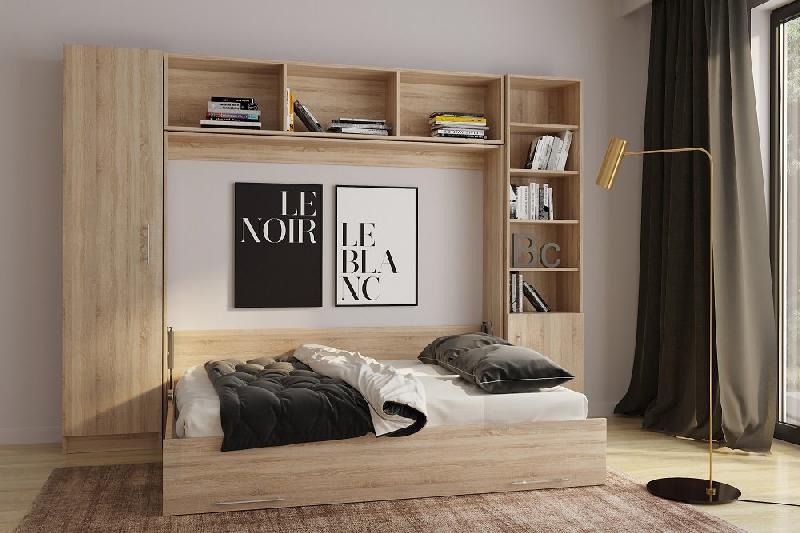 Composition lit escamotable Vertigo chêne naturel - largeur 311 cm - couchage 160x200 cm - gain de place avec colonnes de rangement_1