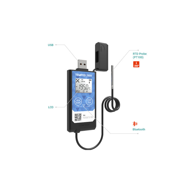 Tempod 200XB - Enregistreur de température Bluetooth avec sonde externe jusqu'à -200°C et rapports PDF automatiques_1