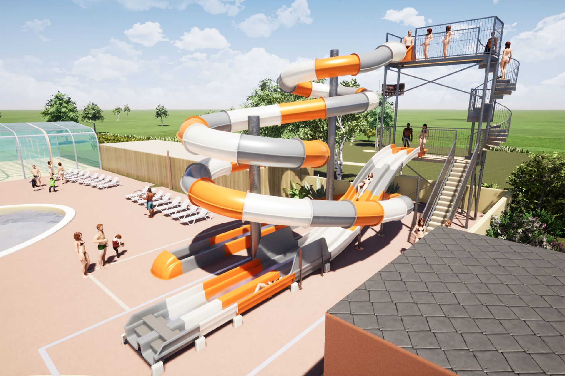 Duo de toboggan aquatique : slide'tob et aquatube, arrivée aquafrein_1