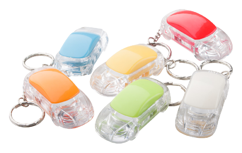 Porte-clés en forme de voiture - plastique blanc - lampe LED intégrée - pile bouton incluse_1
