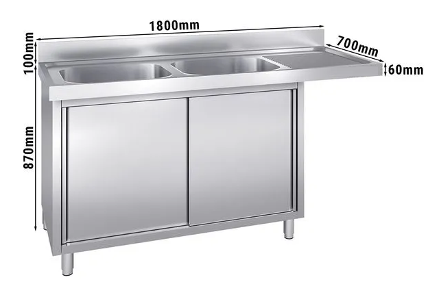 Plonge avec passage lave-vaisselle 180 x 70cm et placard - 2 cuves à gauche l50 x p50 x h30 cm_1