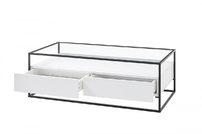 Table basse design Edmonton 120 cm - Blanc mat - Plateau verre trempé - Piètement acier époxy - 2 tiroirs_1