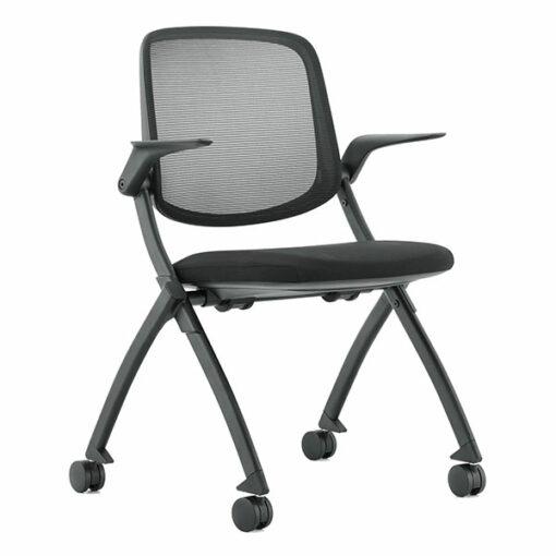 Fauteuil visiteur VISI - dossier en filet, assise rabattable, structure noire sur roulettes - Neuf_1