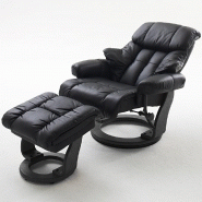 Fauteuil relax CLAIRAC - Assise en cuir noir, pied en bois noir, avec repose-pied, inclinable à 135° et pivotant à 360°_1