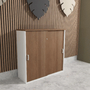 Armoire mi-haute à portes coulissantes - Mobel Linea - 100, Blanc pastel, Acacia foncé_0